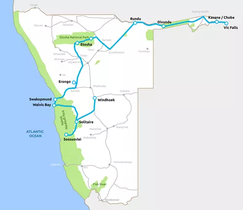 Namibia Highlights with Zambezi and Vic Falls Map
